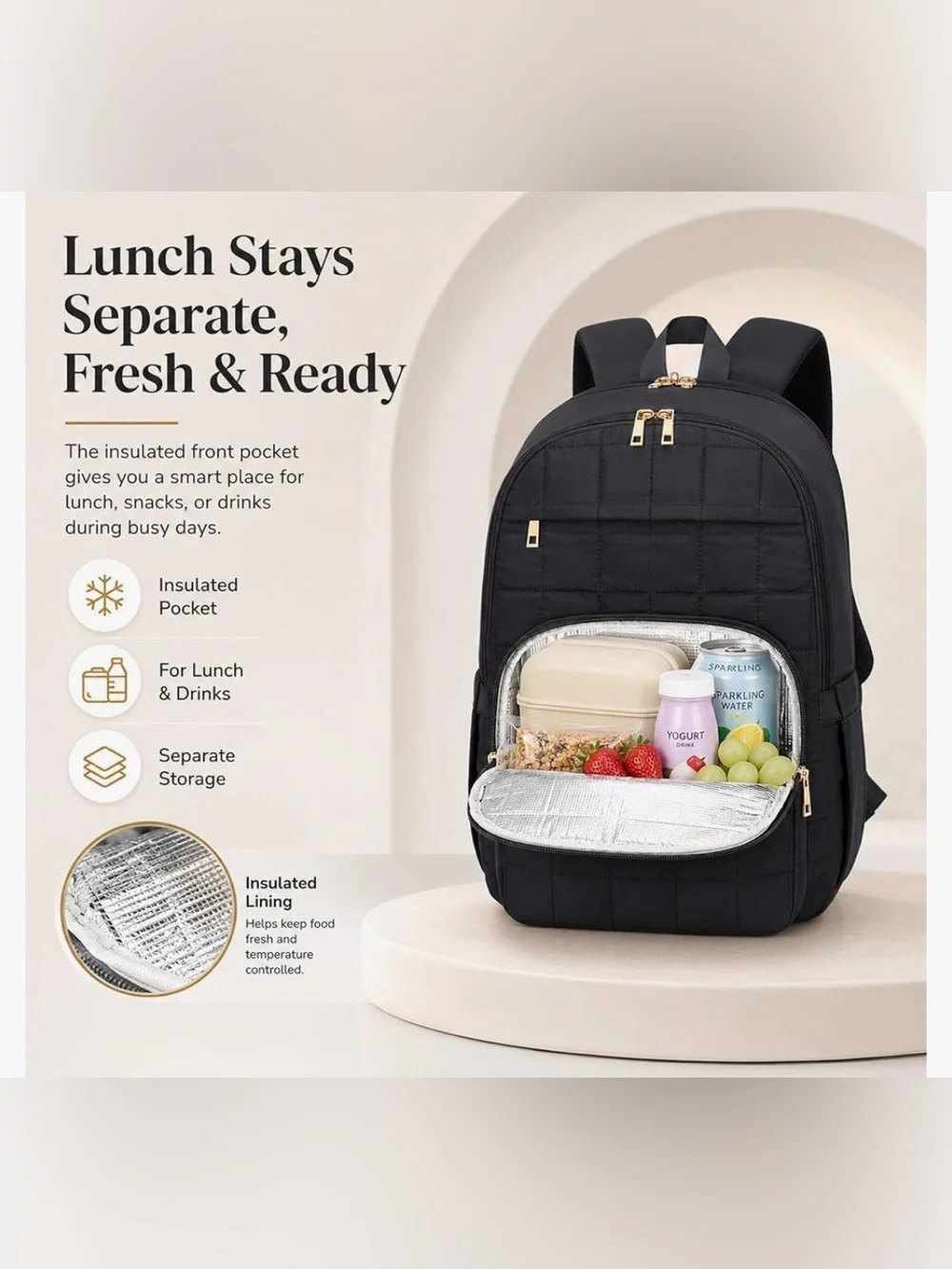 Black 22L Laptop Backpack w/ Insulated Lunch Pocket Travel School Work Bag